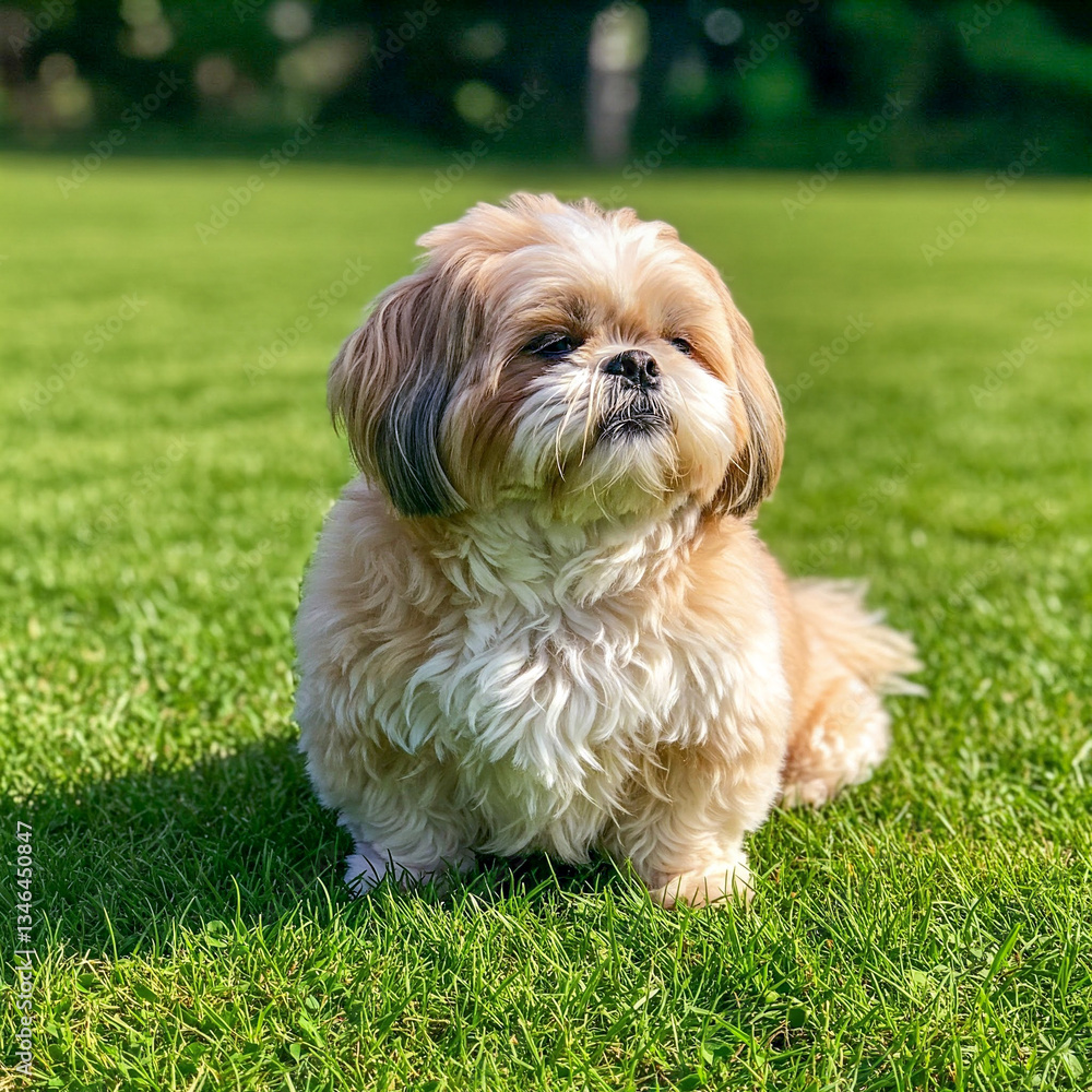 Shih Tzu Sitting on a Bright Green Field, Looking Fluffy and Content While Enjoying the Open Space Shih Tzu Sitting on a Bright Green Field, Looking Fluffy and Content While Enjoying the Open Space