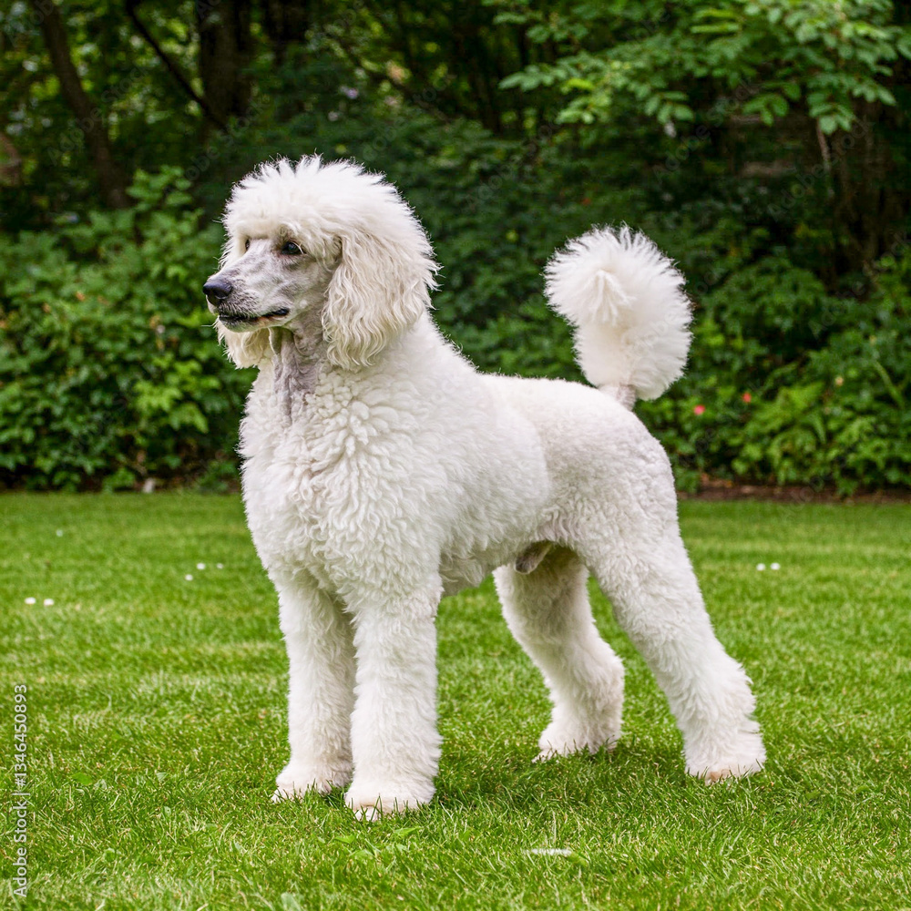 Standard Poodle Standing Elegantly on a Fresh Green Lawn, Its Curly Coat Looking Well-Groomed and Majestic Standard Poodle Standing Elegantly on a Fresh Green Lawn, Its Curly Coat Looking Well-Groomed and Majestic