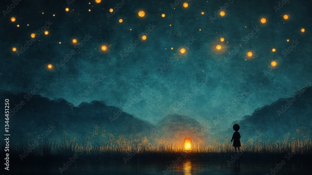 Fototapeta premium Child Gazing at Lanterns in Enchanting Night Sky