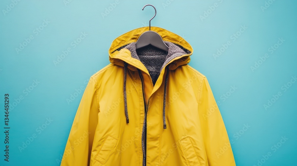 Yellow raincoat hanging blue background studio shot, e-commerce Yellow raincoat hanging blue background studio shot, e-commerce