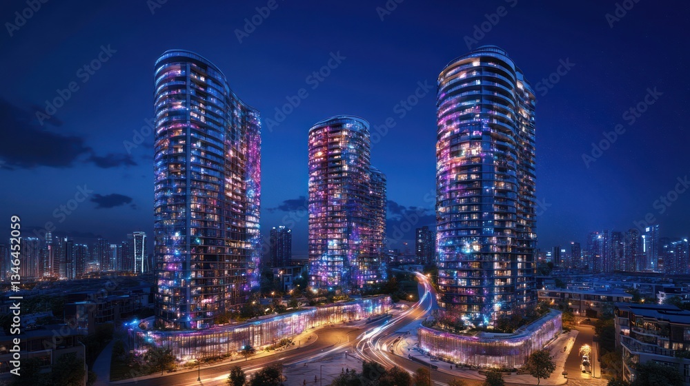 Modern illuminated skyscrapers at night Modern illuminated skyscrapers at night