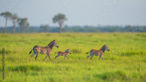 Family of zebras grazes in a lush green savanna during twilight hours in an African landscape