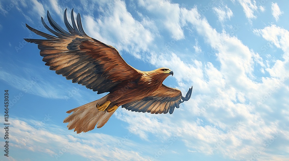 Fototapeta premium Majestic eagle soars gracefully through vibrant blue sky sunlight illuminating powerful wings. AI Generated
