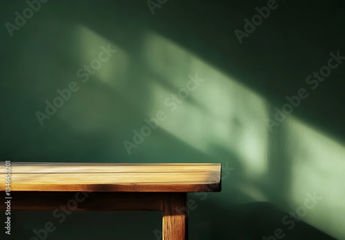 Wallpaper Mural A wooden table with a shadow cast on it, set against an olive green wall, product presentation Torontodigital.ca
