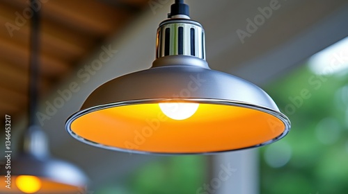 Industrial-style hanging lamp with warm light and metallic finish