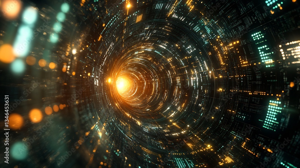 Obraz premium Abstract digital tunnel glows brightly with vibrant warm light. AI Generated
