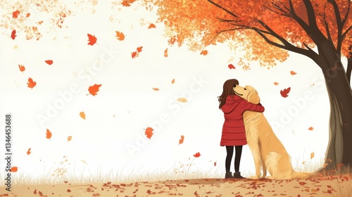 Young female embracing dog under autumn leaves