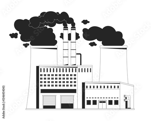 Industrial factory with smoke pollution outline illustration. CO2 environment. Manufacturing plant with smokestacks carbon emissions 2D line scene isolated on white. Monochrome vector ink linear image