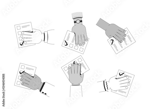 Multiple hands holding voting ballots outline illustration set. Diverse voters with questionnaire sheets checkmarks isolated 2D vector images black and white. Linear drawings clip arts collection