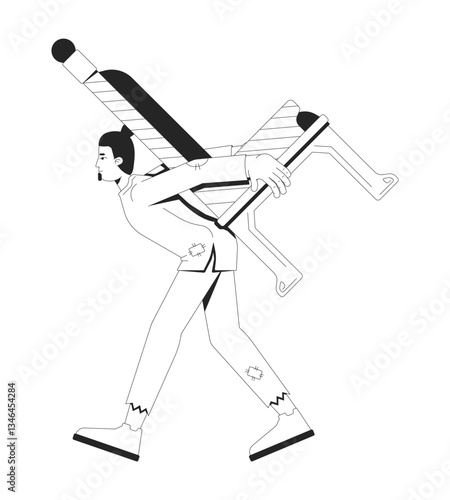 Weary man in tattered clothing carrying king throne on back 2D line character. Male peasant struggling with burden weight isolated vector ink outline person. Monochromatic spot illustration