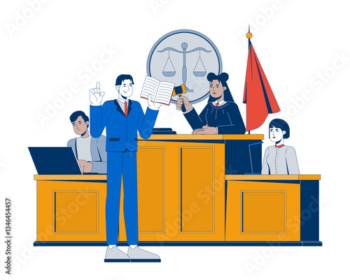 Courtroom trial with judge, lawyer and witness 2D vector illustration. Court case. Legal proceedings. Judicial authority attorney flat characters isolated on white background. Colorful cartoon image