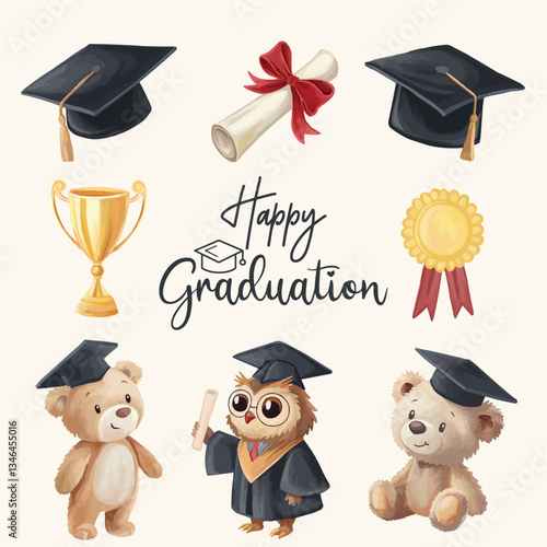 Graduation and education elements Academic cap diploma character bear and owl in graduation gown thropy