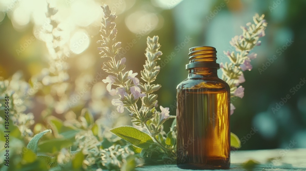 Clary Sage Essential Oil Bottle on Table with Fresh Plant Blossom. Aromatherapy Concept Clary Sage Essential Oil Bottle on Table with Fresh Plant Blossom. Aromatherapy Concept