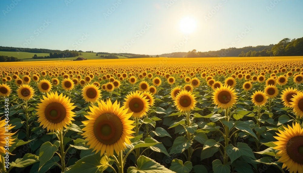 Fototapeta premium Sunlit sunflower field under a bright blue sky