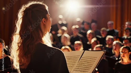 A female soloist stands in front of a choir, holding sheet music as she performs under a spotlight. The warm lighting creates a dramatic, focused atmosphere, capturing the intensity and emotion 