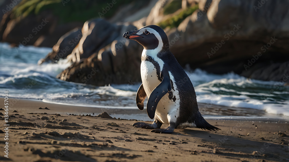 Fototapeta premium Penguin Standing on Beach Sand with Ocean Waves and Rocks Behind