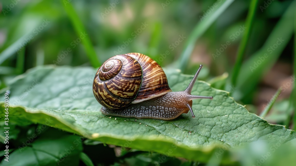 Snail crawling leaf, garden, green background, nature macro Snail crawling leaf, garden, green background, nature macro