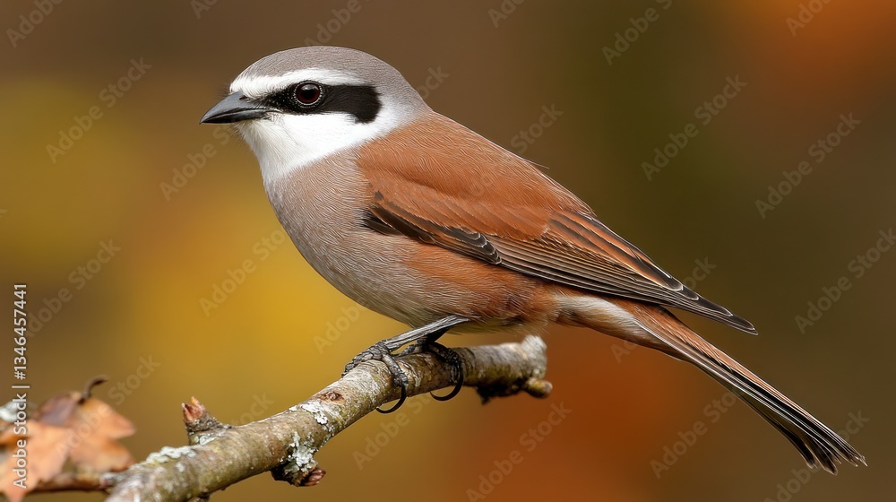 Fototapeta premium Red-backed shrike perched autumn branch, blurred foliage background, wildlife photography