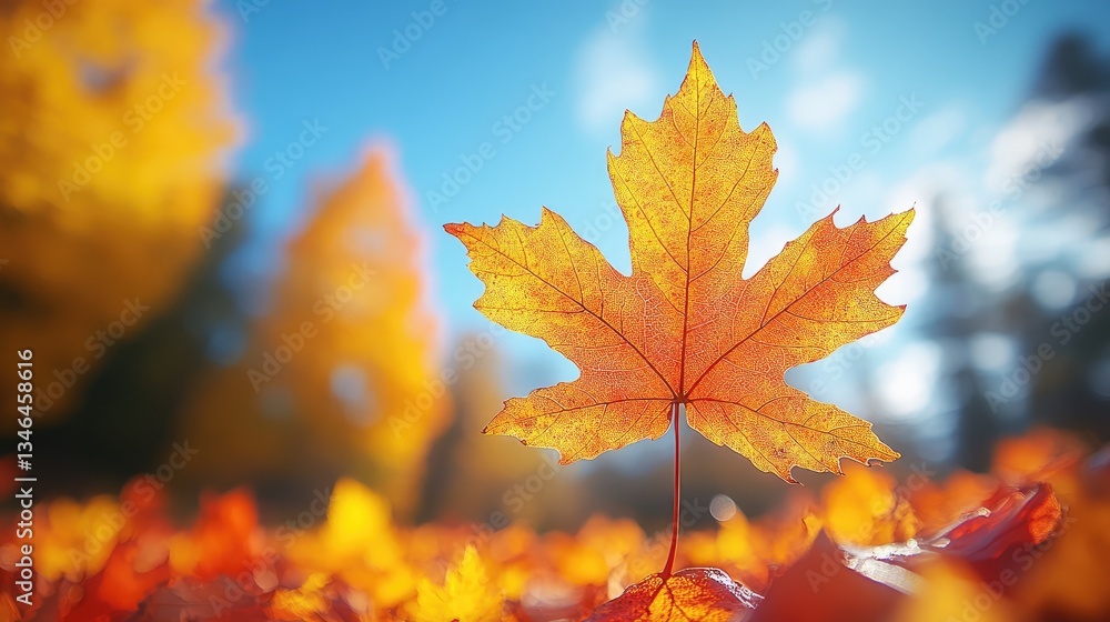 Obraz premium Autumn leaf, forest background, fall foliage, sunlight