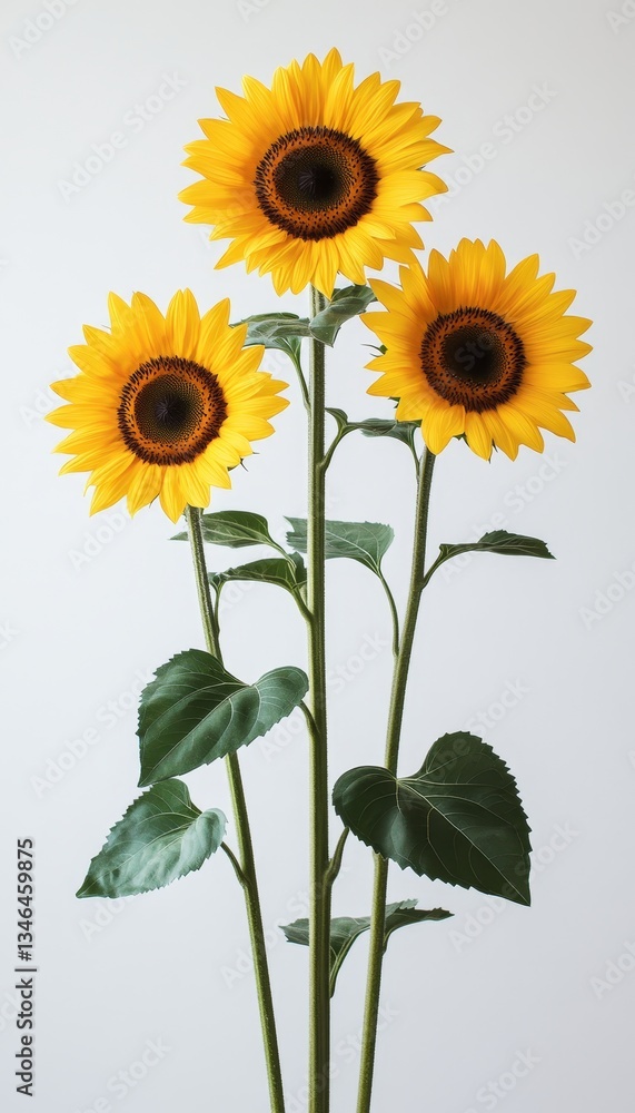 Fototapeta premium Three Vibrant Sunflowers on Stalks, Isolated Against a White Background with Plenty of Copy Space