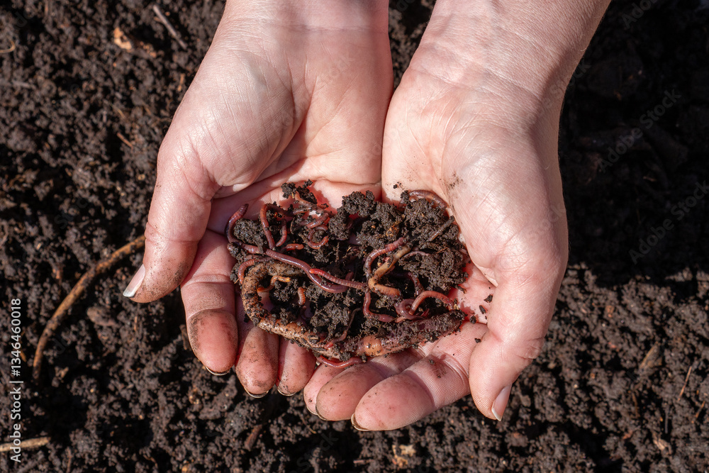 A woman holds many earthworms (Eisenia foetida) with compost in her hand A woman holds many earthworms (Eisenia foetida) with compost in her hand