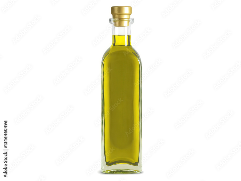Olive Oil (Olea europaea) A sleek, transparent glass bottle filled with extra virgin olive oil. The golden-green liquid is visible