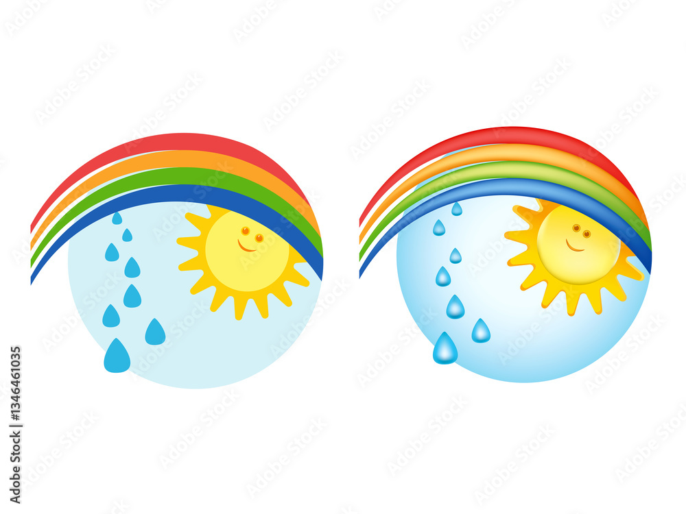 Fototapeta premium Kids icon, print, notepad, stickers, for toys and books, set of flat illustrations and 3d effect with gradient overlay, sun peeking out from behind a rainbow, raindrops, transparent backgrounds
