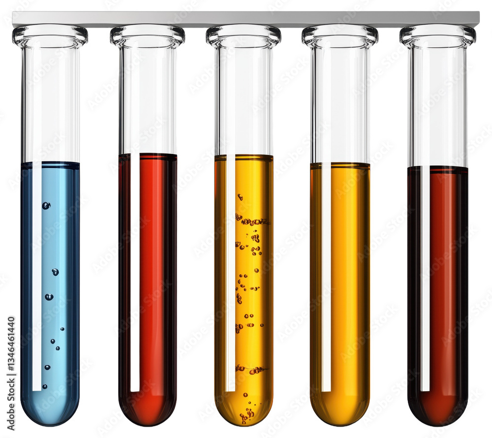 Five test tubes with colorful liquids in a rack Five test tubes with colorful liquids in a rack