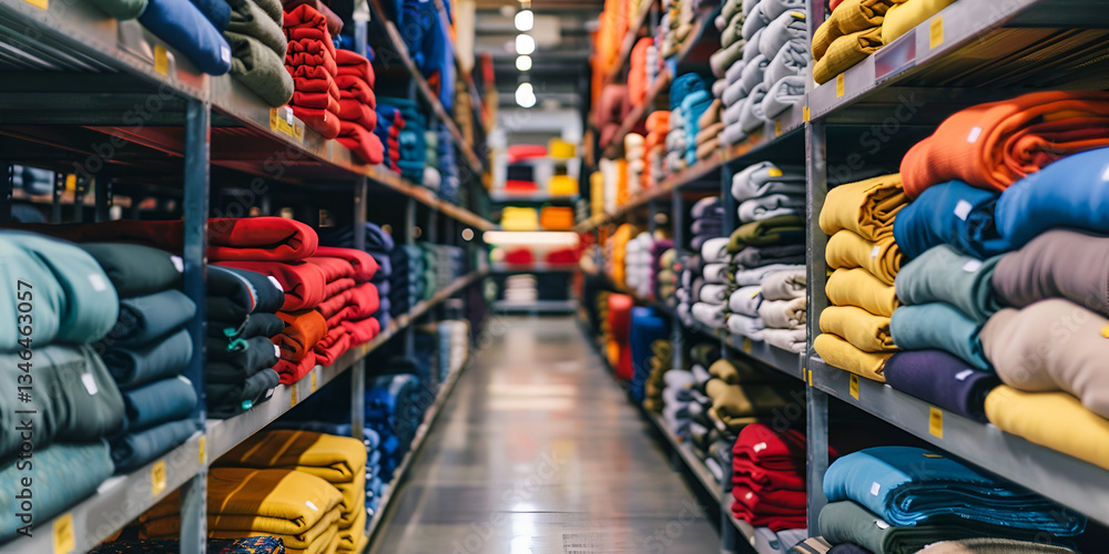 Fototapeta premium Organized Clothing Warehouse Aisle with Folded Apparel Stacks | Fashion Retail Storage with Colorful Folded Clothes on Shelves | Textile Industry Warehouse with Neatly Stacked Garments 