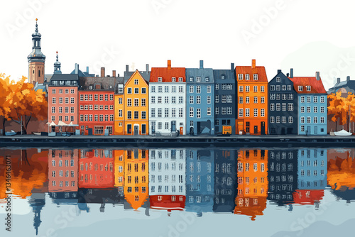 Scenic waterfront cityscape with colorful European buildings reflecting on calm water. Charming autumn atmosphere with warm tones and traditional architecture. Nyhavn in copenhagen