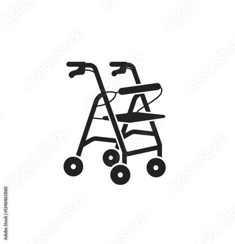4 wheels rollator walker icon vector in black color with white background. Mobility aid device for physically disabled people. Pensioner, elderly four wheel walker equipment.