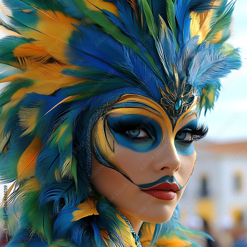 Fototapeta premium Carnival, feathered mask, woman, parade, street, portrait, colorful, costume, festival, Italy