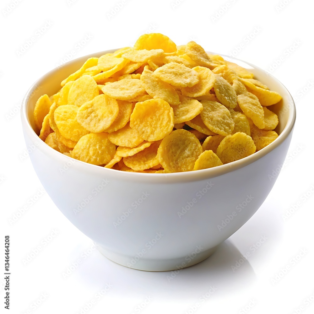 A bowl of golden corn flakes, ready for a delightful breakfast, in a simple white bowl against a bright white background. A bowl of golden corn flakes, ready for a delightful breakfast, in a simple white bowl against a bright white background.