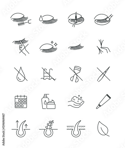 Eyelashes extensions icons set editable stroke. Lashes care icons