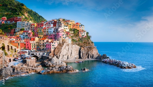 Mediterranean coastal town with colorful houses built into cliffs. Semi-realistic scene emphasizing vibrant architecture, sea views, and warm sunny atmosphere.