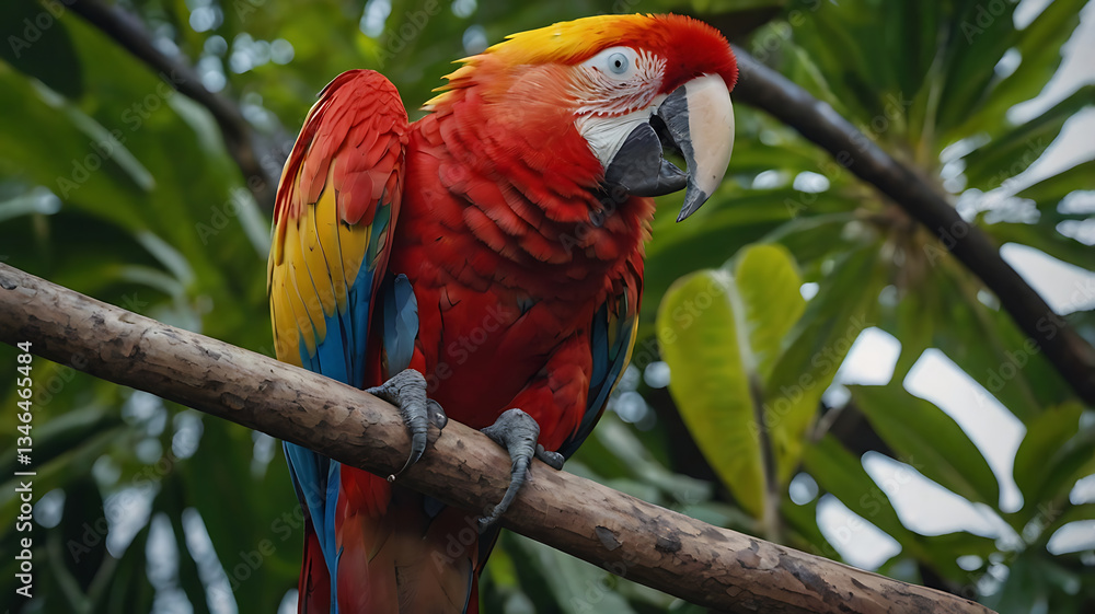 Obraz premium Scarlet Macaw Perched on Branch in Lush Rainforest Setting