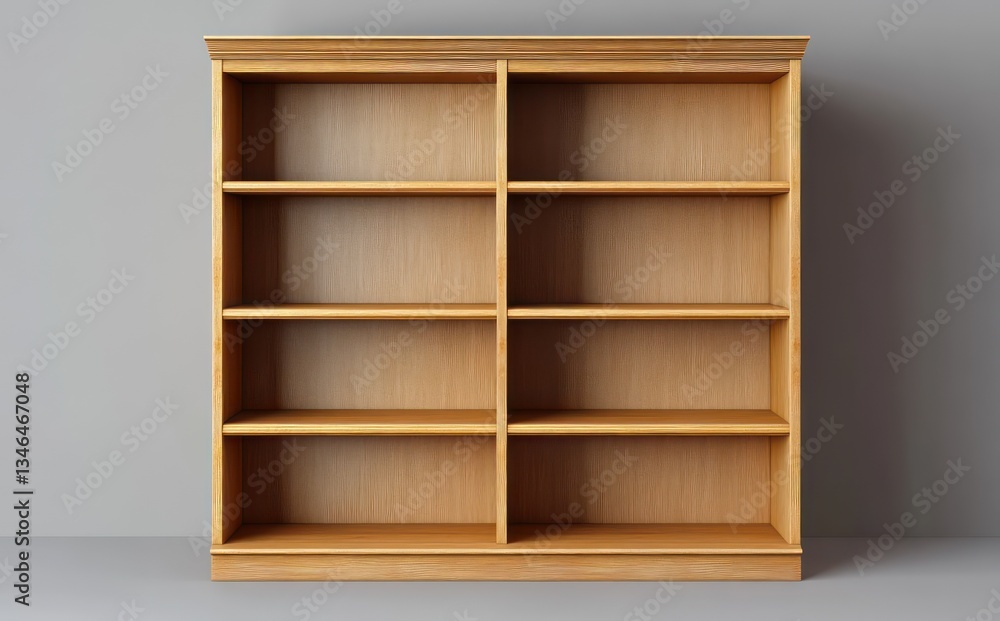 Empty wooden bookcase against grey wall, ready for books Empty wooden bookcase against grey wall, ready for books