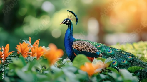 Wallpaper Mural A peacock spreading its vibrant feathers in a lush garden. Torontodigital.ca