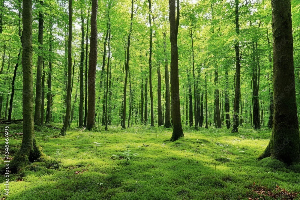 Fototapeta premium Step into the enchanting verdant forest floor, decorated with a velvety moss blanket, beckoning you on a fascinating journey of awe and charm