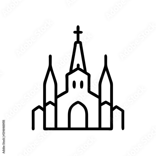 Minimalistic cathedral building icon with steeples and cross on a transparent background
