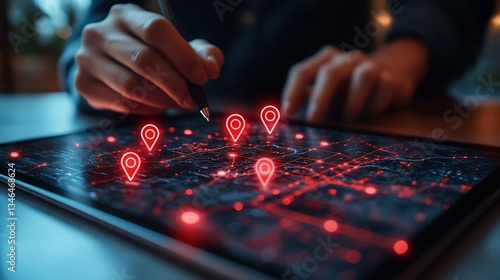 Digital Mapping with Stylus on Tablet, A person using a stylus on a tablet displaying a digital map with glowing red location markers
