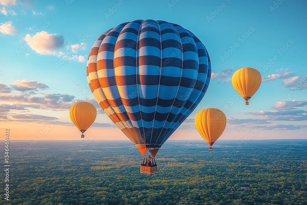 Naklejka premium Blue and black striped hot air balloon soaring in the sky with yellow balloons, surrounded by white clouds and natural light.