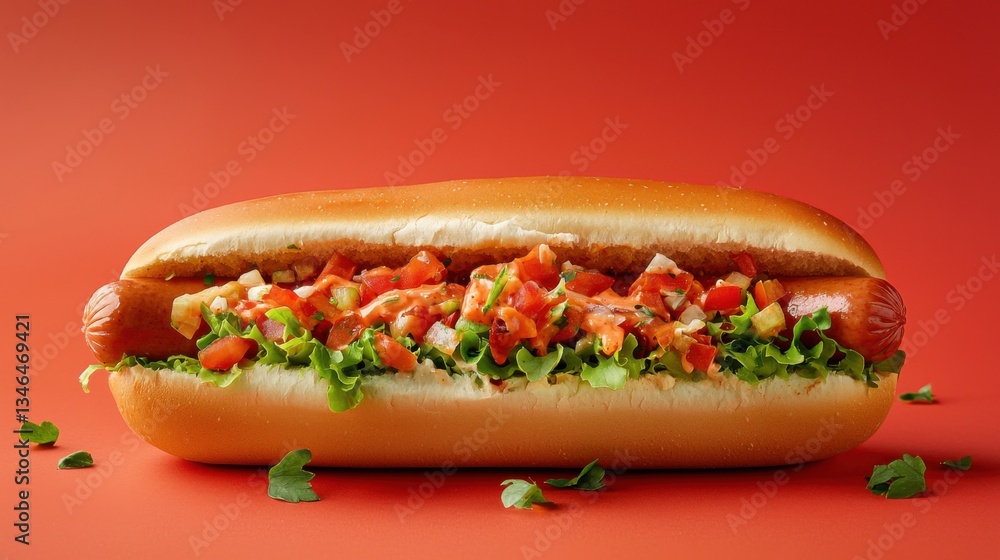 Tasty hot dog on colored background Tasty hot dog on colored background
