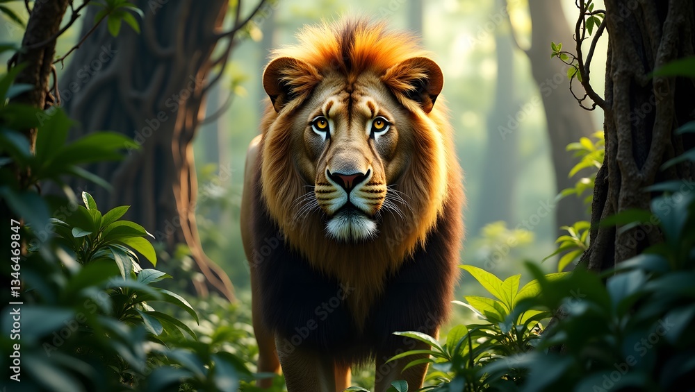 Fototapeta premium Majestic Lion Resting Beneath Towering Trees Sunbeams photo