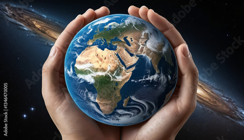 Human hands holding the Earth amidst a starry cosmos, symbolizing global unity and protection, with soft blur. AI generated.
