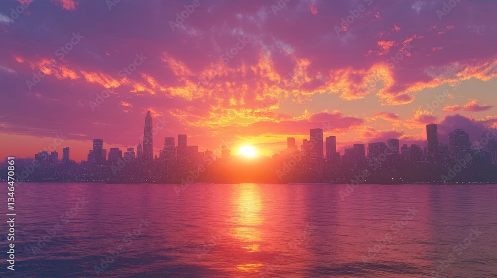 A vibrant sunset over a coastal city, where the sky is filled with hues of orange, pink, and purple, as the sun sets behind the skyline. A vibrant sunset over a coastal city, where the sky is filled with hues of orange, pink, and purple, as the sun sets behind the skyline.