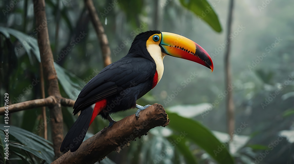 Naklejka premium Toucan Bird Perching on Branch in Rainforest with Lush Greenery