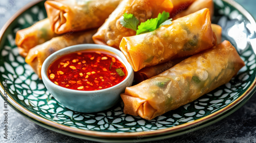 Crispy spring rolls with sweet chili sauce on vibrant plate, flavorful Asian appetizer in lively setting, appetizing dish Crispy spring rolls with sweet chili sauce on vibrant plate, flavorful Asian appetizer in lively setting, appetizing dish
