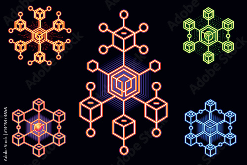 Neon Cybernetic Hexagonal Structures. Neon Tech Blockchain Collection. Abstract hexagonal technological shapes in the style of cyberpunk and science fiction. Perfect for futuristic web designs.