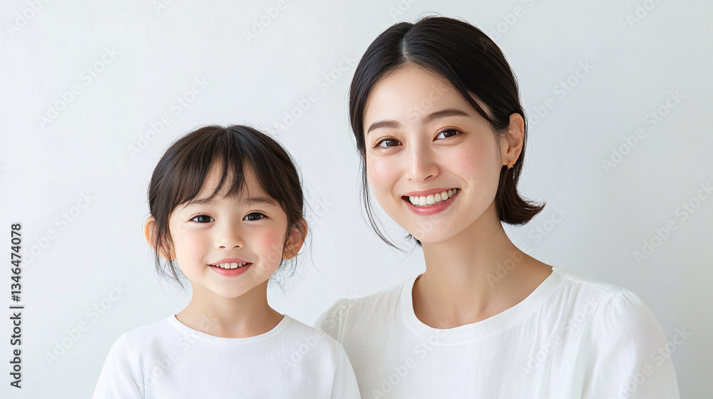 Studio Portrait of a Happy Asian Mother and Daughter Hugging: A Family Concept Featuring a Japanese Young Mother and Her Cute daughter Interacting and Smiling in Front of a Plain White Background, Studio Portrait of a Happy Asian Mother and Daughter Hugging: A Family Concept Featuring a Japanese Young Mother and Her Cute daughter Interacting and Smiling in Front of a Plain White Background,